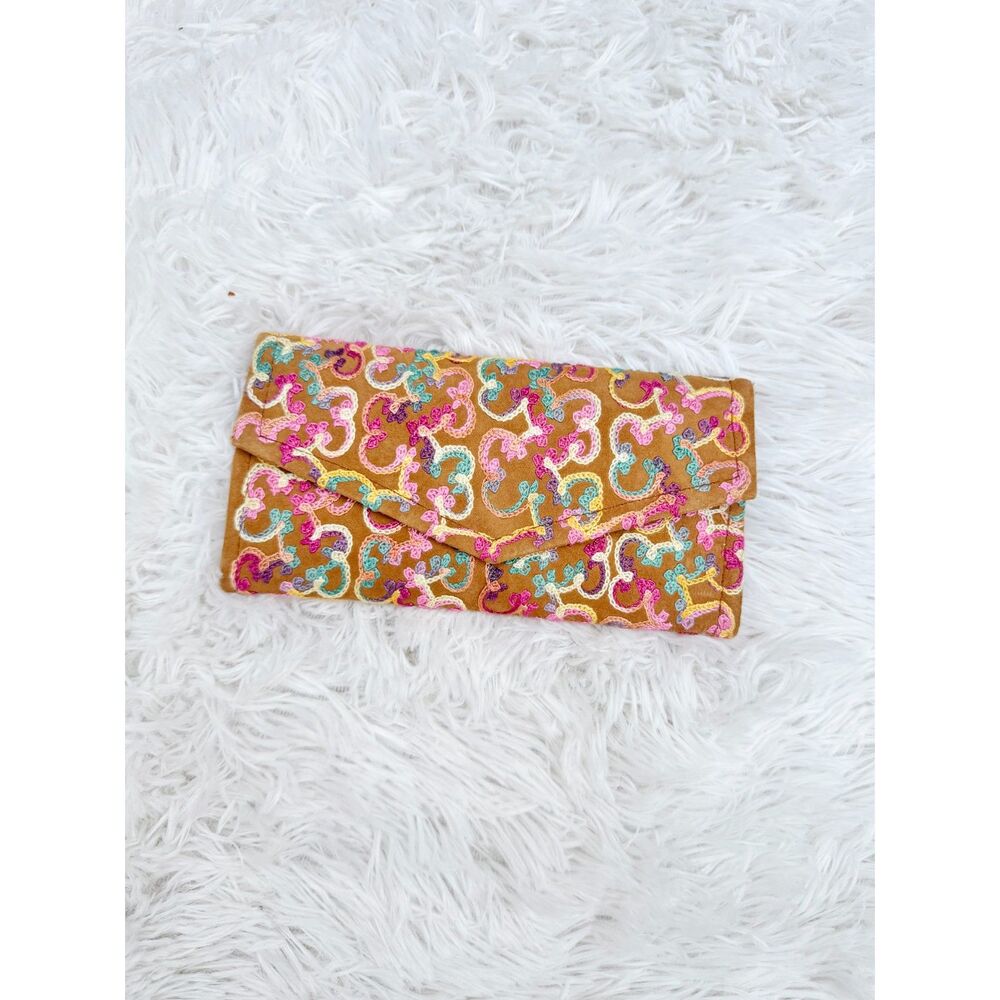 Tan Suede Embroidered Envelope Clutch Colorful Crewel Wallet